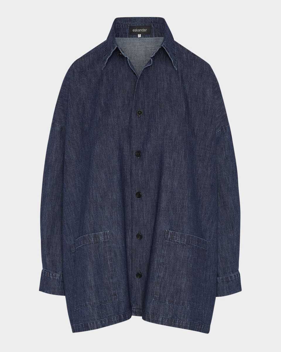 Denim Wide Aline Shirt Jacket With Collar Long